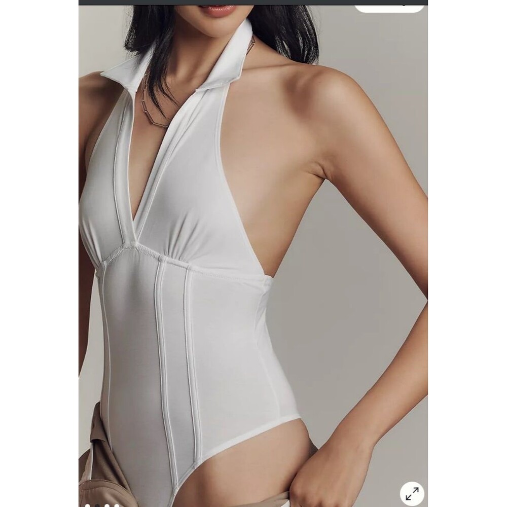 Anthropologie XL GIC Collared Halter Jersey Bodysuit White